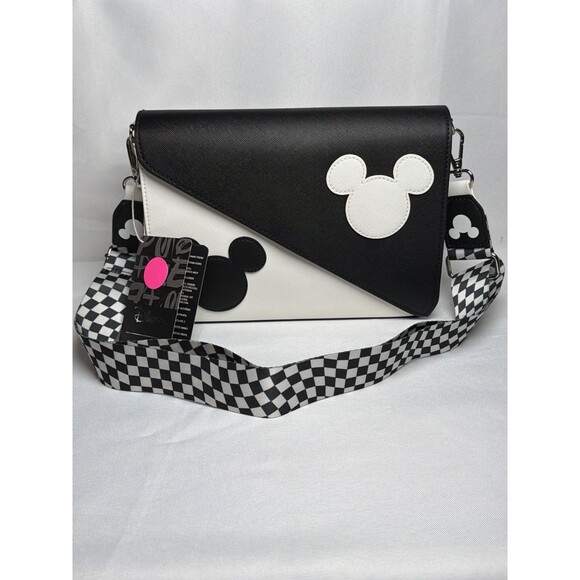 Loungefly Handbags - Disney Loungefly Mickey Mouse Black White Crossbody Bag Checker Strap NWT